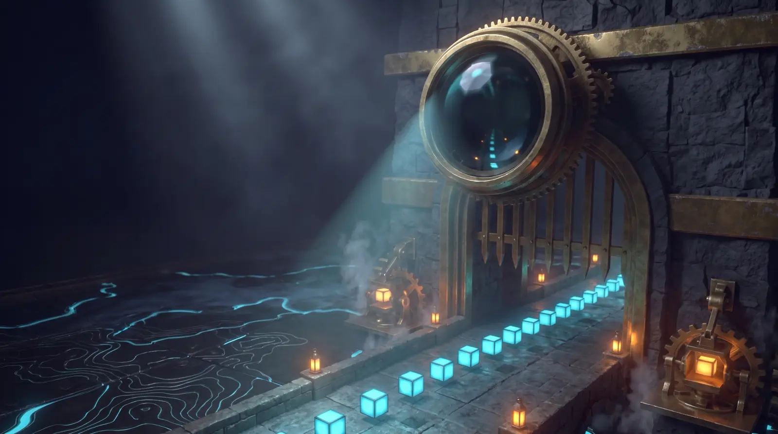 A great round glass lens set in a brass gear ring watches a steady flow of glowing cubes pass under an open golden gate