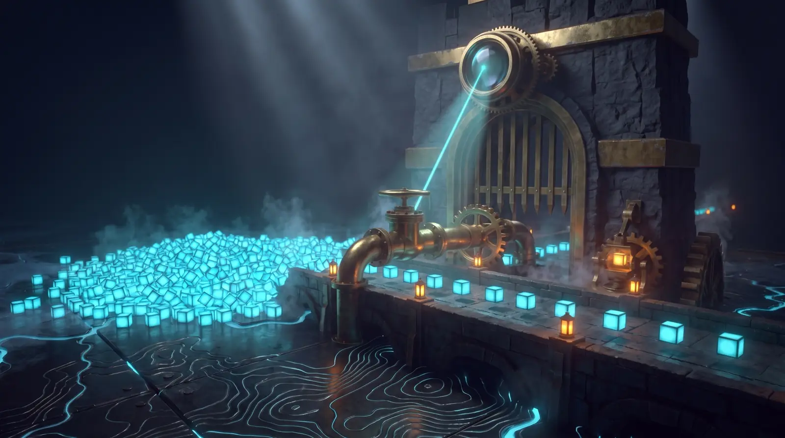 A river of hundreds of glowing cubes pools behind a brass valve that lets only a small measured stream through the gate