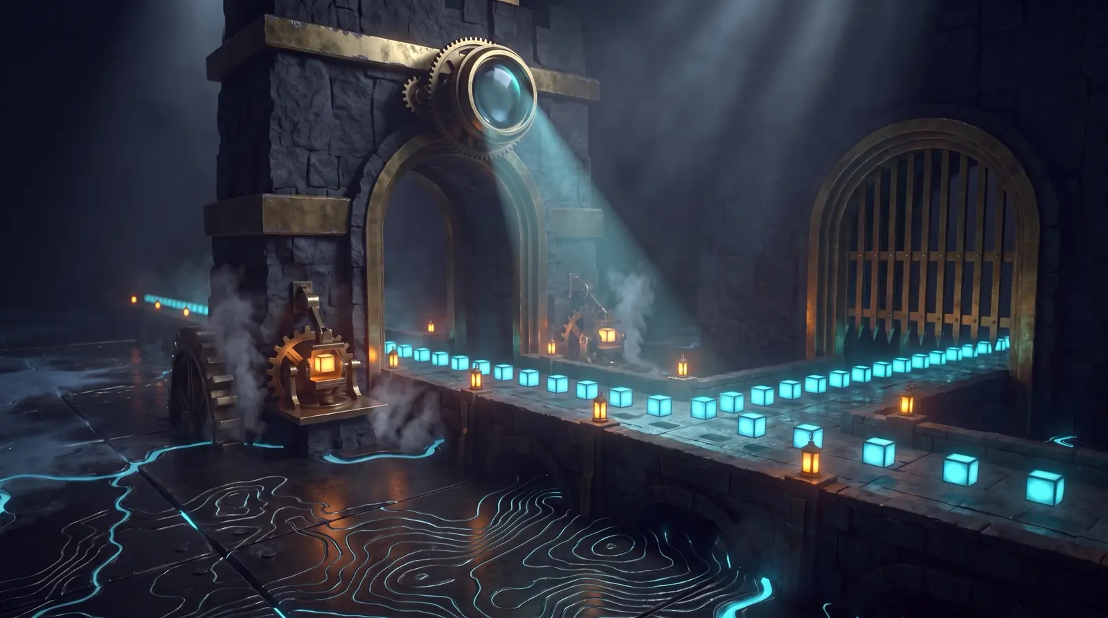 A brass-framed stone gate lets glowing data cubes from a lit inner corridor pass, while cubes from the dark outer corridor stop before a lowered portcullis under a watching lens